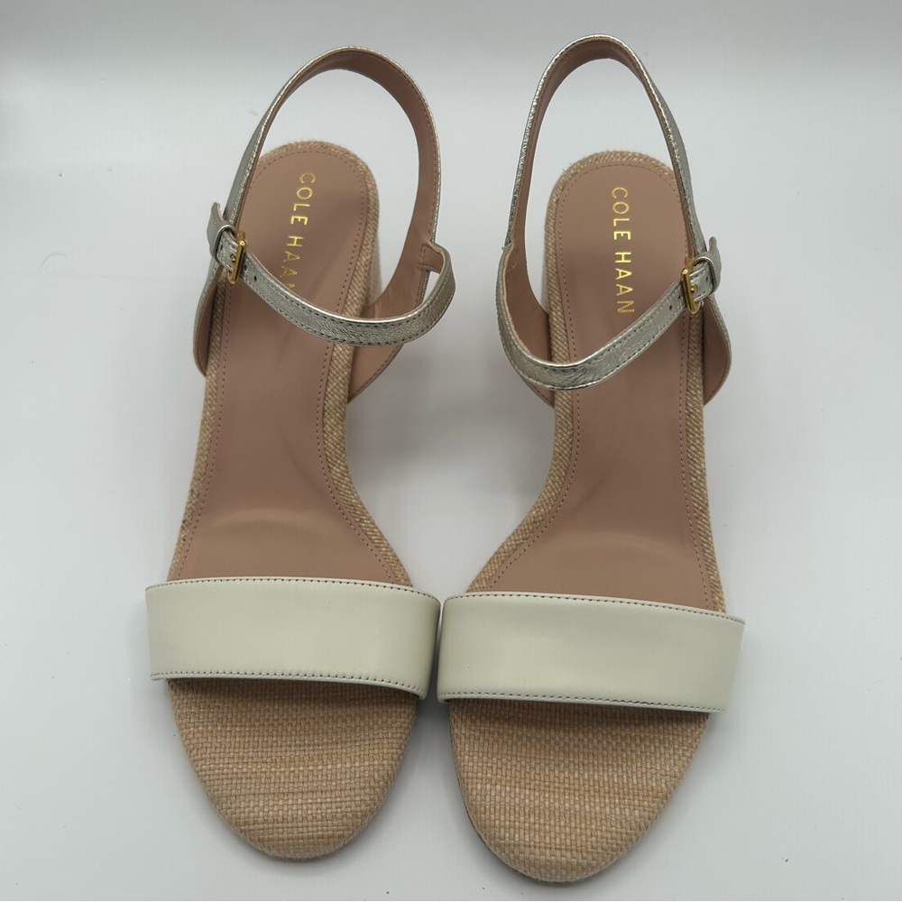 New Cole Haan Women’s Josie Block Heeled Sandal, Ivory/Soft Gold 10 B